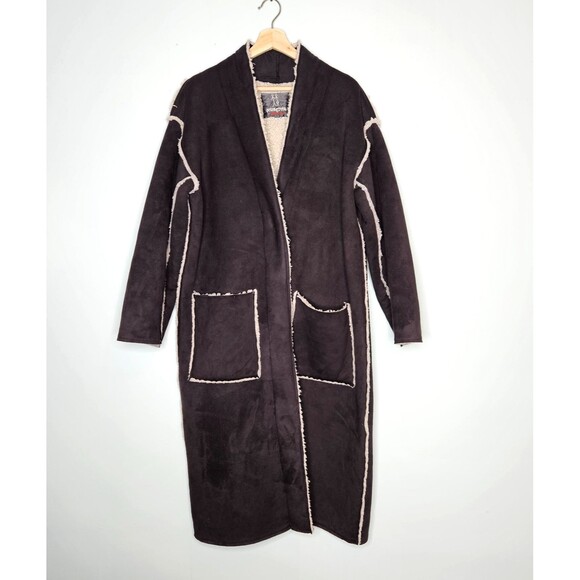 Pete & Greta JOHNNY WAS Coat M Sherpa Lined Brown Snap Closure Embroidered Long - Picture 2 of 11